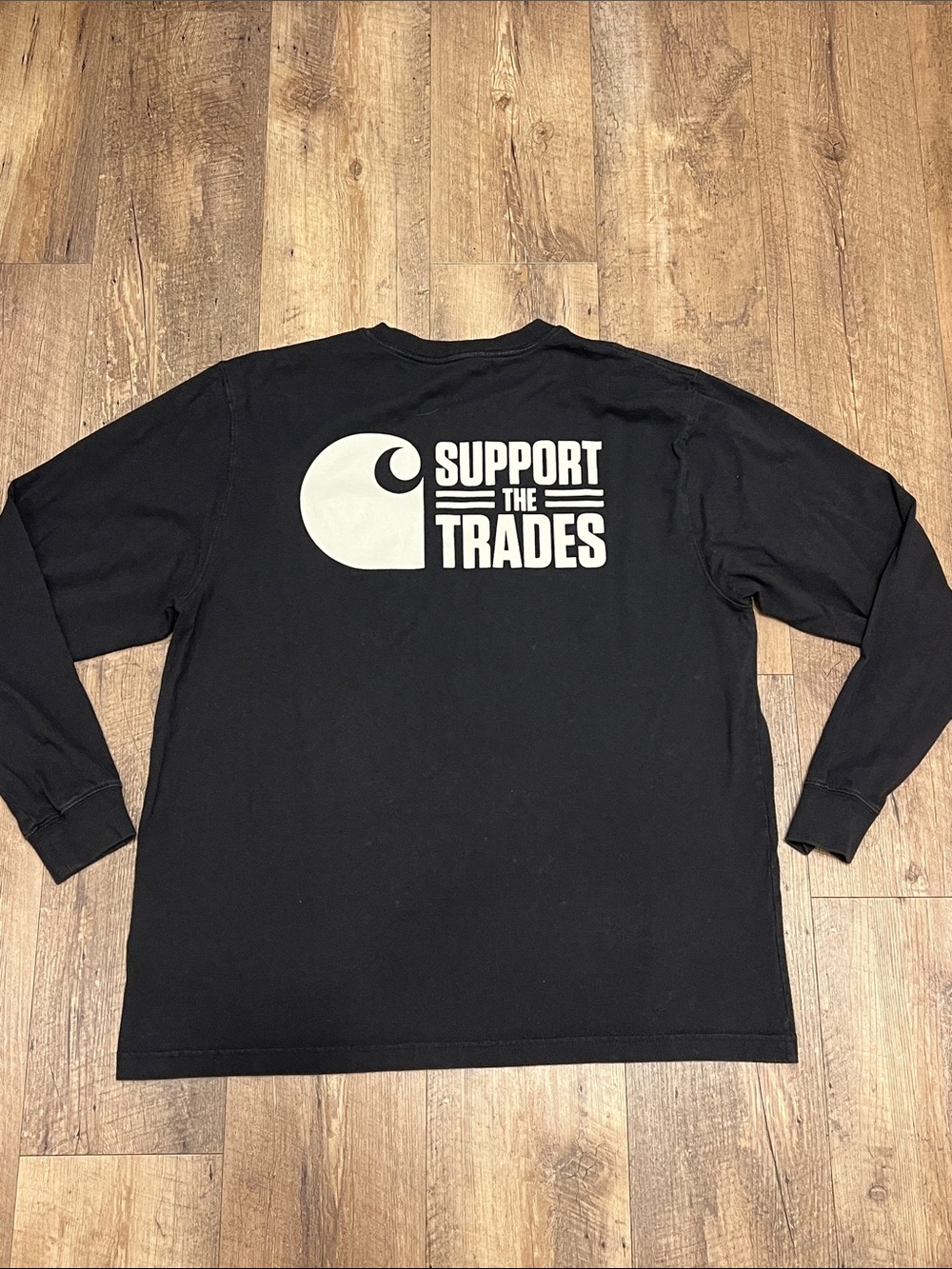 Carhartt Black Long-Sleeve Tee with White 'Support the Trades' Logo - Size L💪